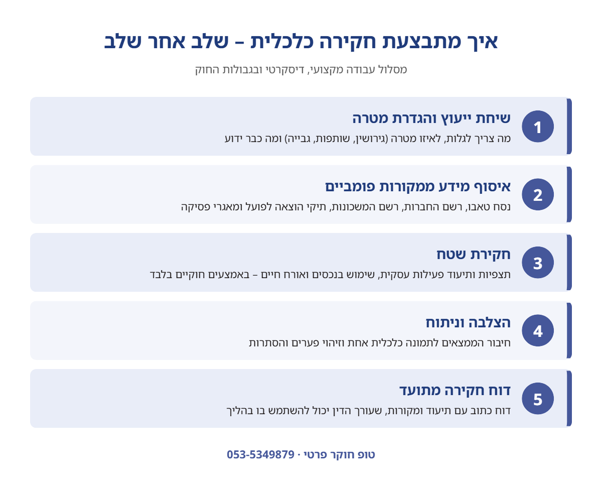 אינפוגרפיקה: חמשת שלבי חקירה כלכלית – ייעוץ, מקורות פומביים, חקירת שטח, ניתוח ודוח