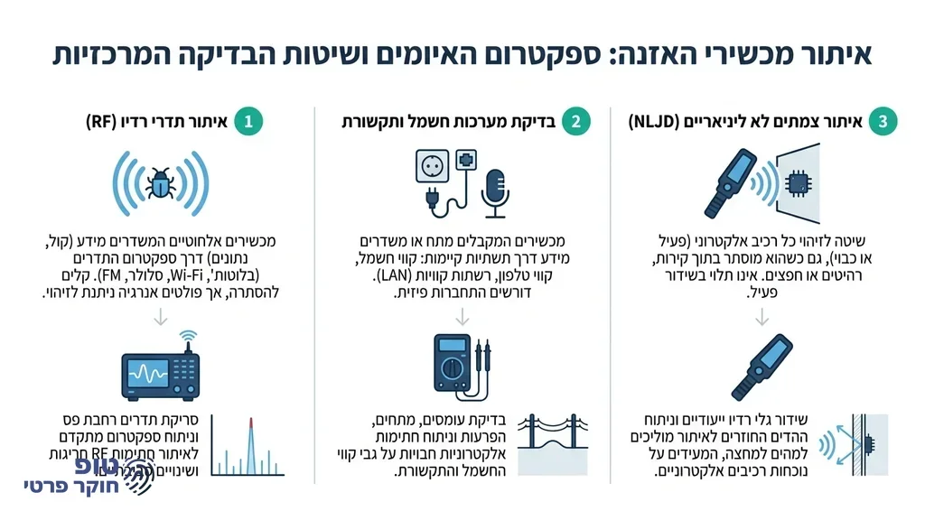 חוקר מקצועי מבצע סריקת תדרים בתוך רכב לאיתור האזנות