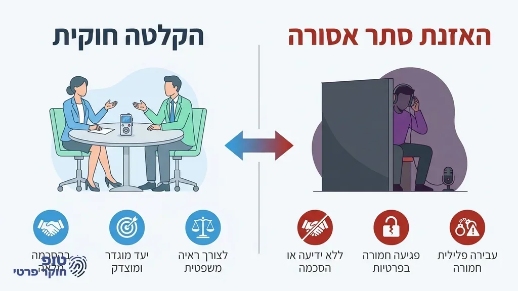השוואה בין הקלטה חוקית להאזנת סתר אסורה