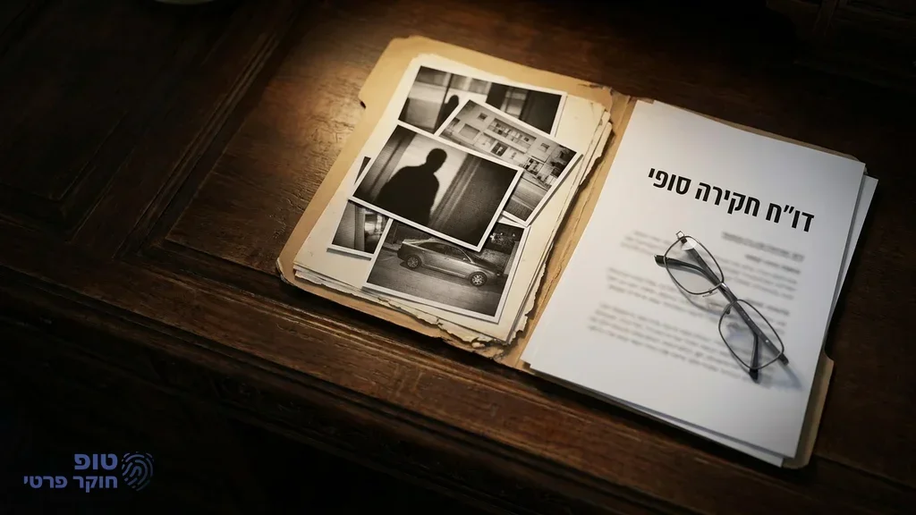 תיק חקירה מקצועי וחסוי המכיל תמונות ומסמכים מונח על שולחן משרדי